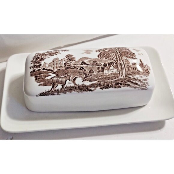 Studio J. & G. Meakin Ironstone Lidded Butter Dish, Brown Rural England Scene - Picture 2 of 12